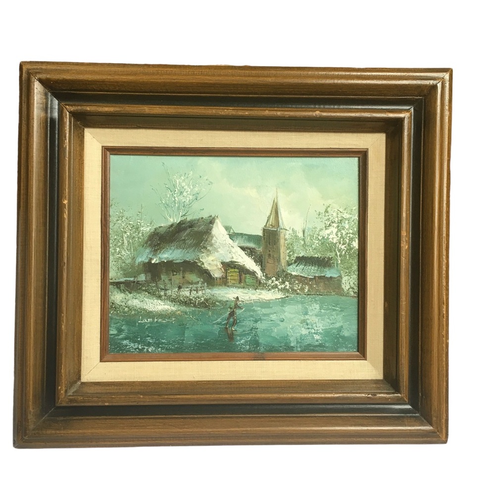 Vintage Oil Painting Country Cottage on Lake in Winter Snow 14” X 16”